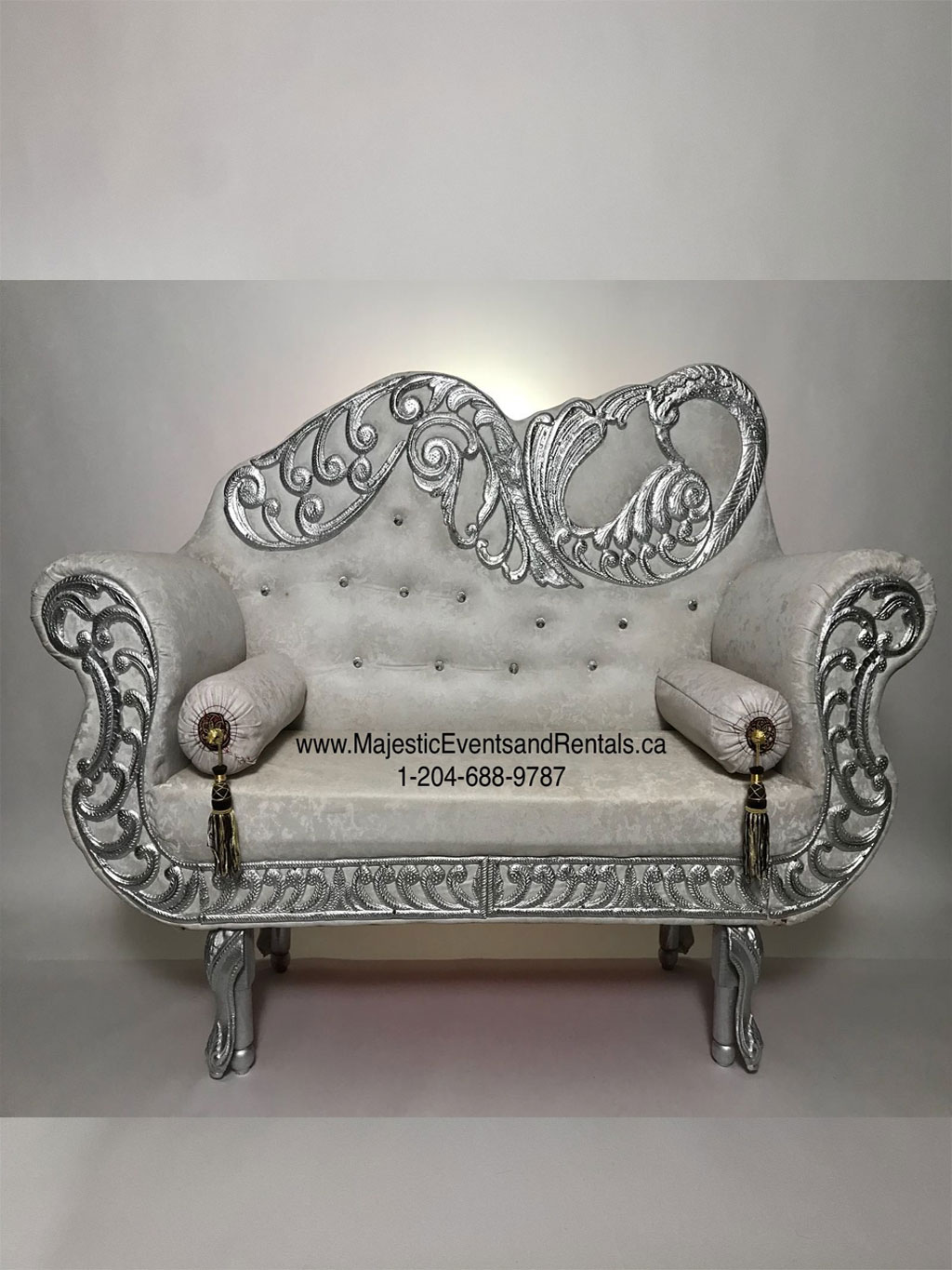 Peacock Engraved White Buttoned Loveseat w/ SILVER trim